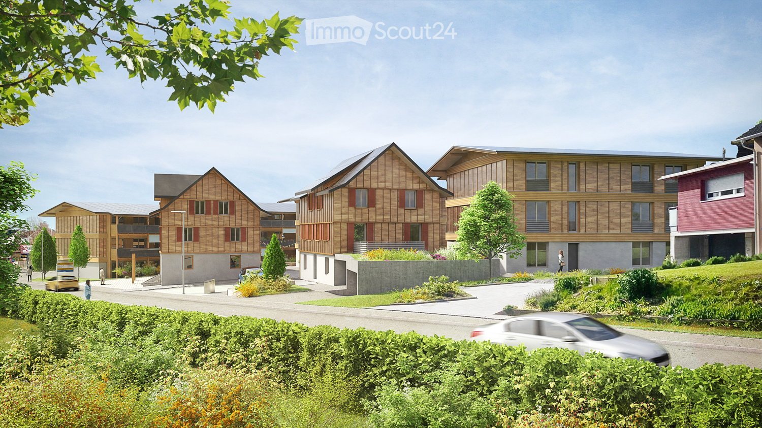 Apartment buildings with wooden facades, multiple windows, rooftop vegetation, driveways, and street parking