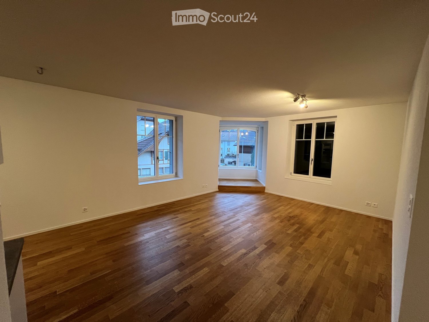 Empty room, wooden floor, 2 windows, ceiling light