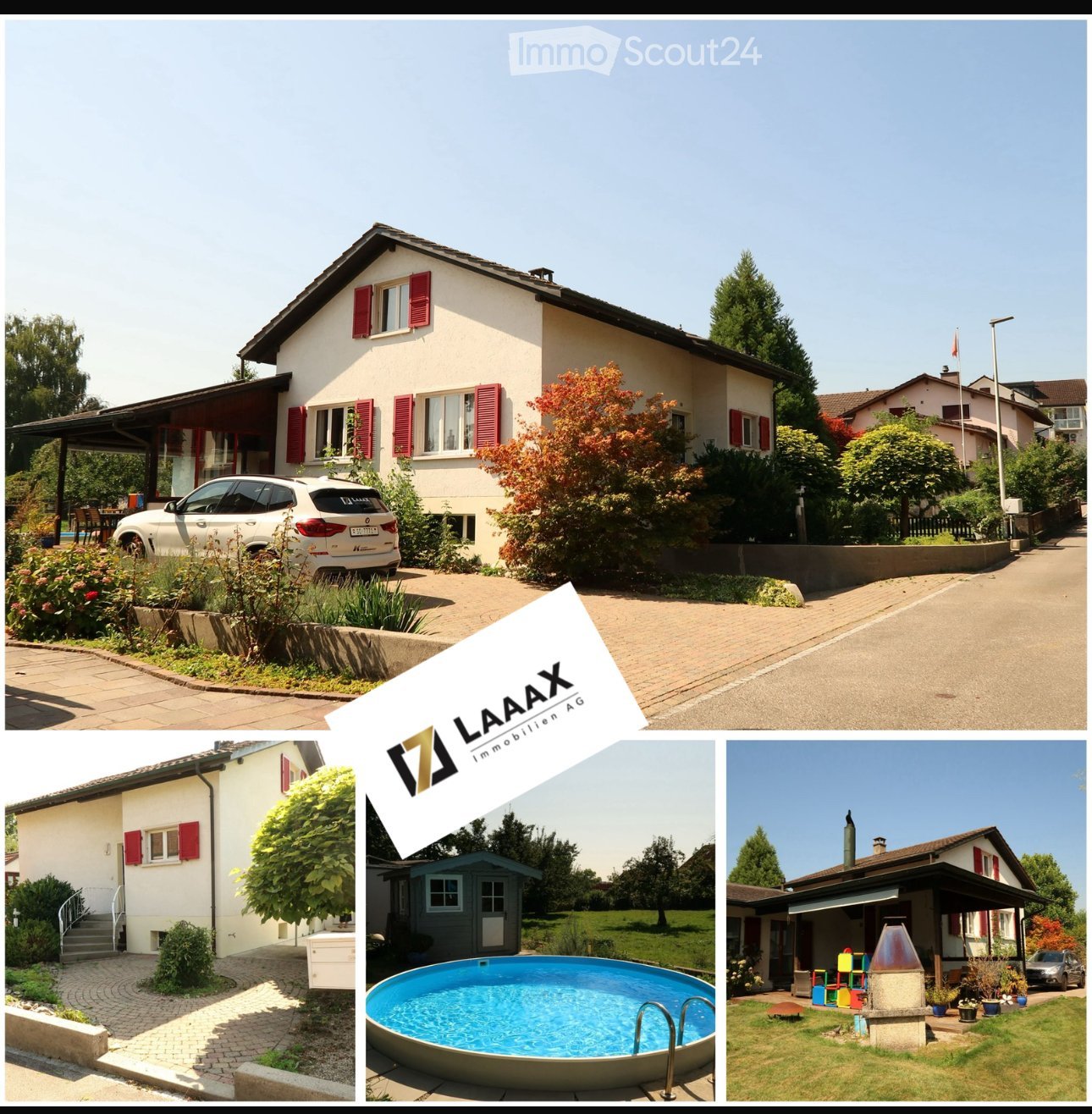 Two story house, red shutters, brick driveway, garage, swimming pool, garden, two car port, car parked