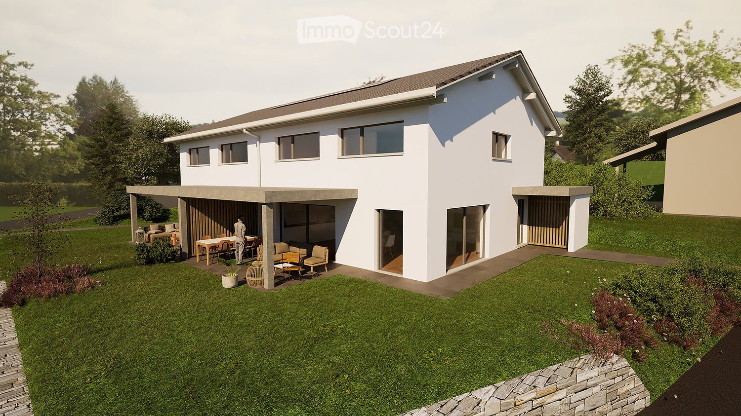 2 story house, white exterior, brown roof, large windows, covered patio, lawn, dining table, chairs, potted plant, solar panels