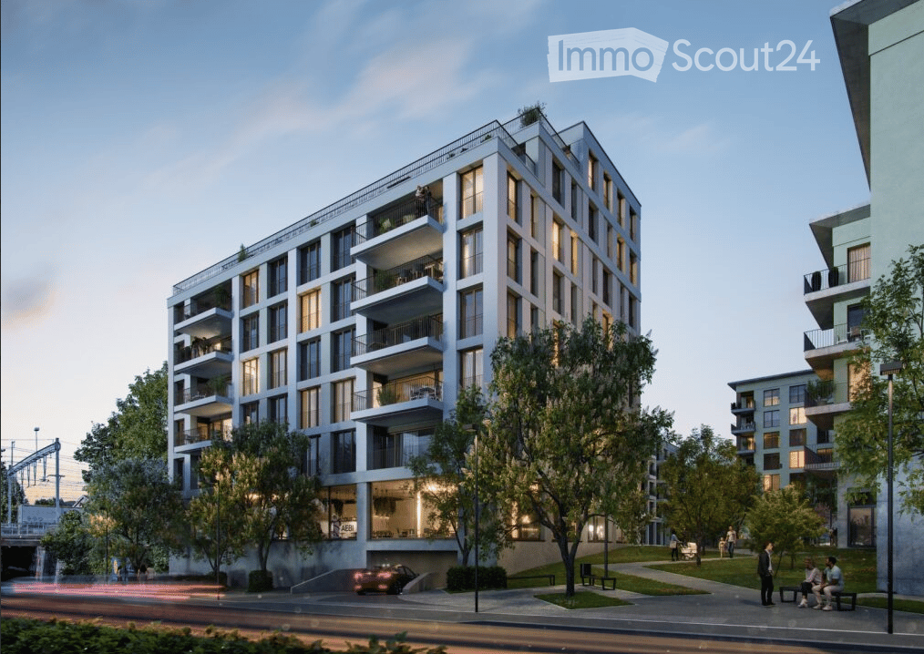 modern building, balconies, glass windows, underground parking, street view