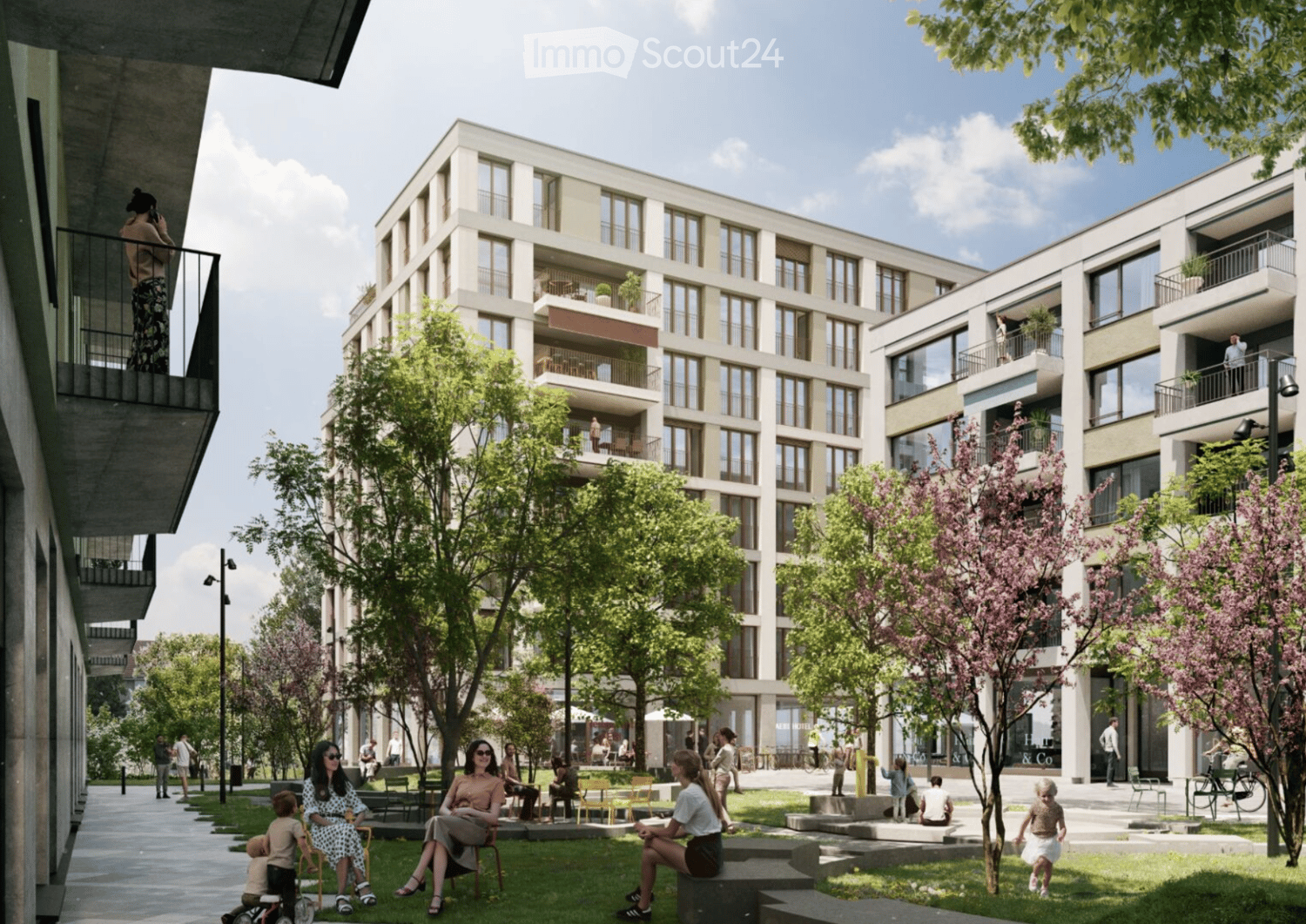 modern multi-story residential building, terraces, green areas, people sitting on benches, trees, umbrellas, bicycles