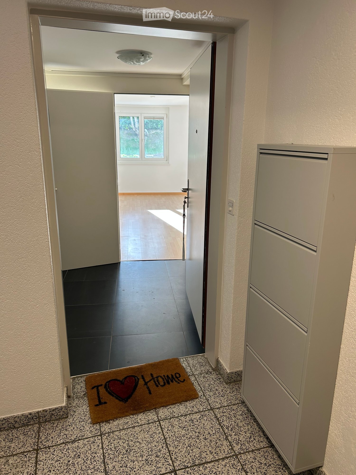 The entrance to a hallway with tiled floor and gray walls. The hallway leads to a room with wooden floor and window.