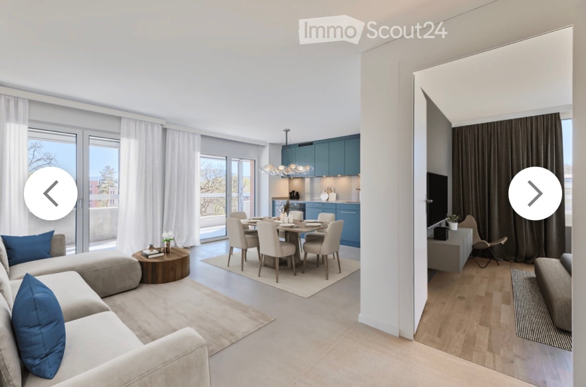 Living room, dining room, balcony, kitchen, white walls, hardwood floors, glass windows, white drapes, chandelier, contemporary furniture