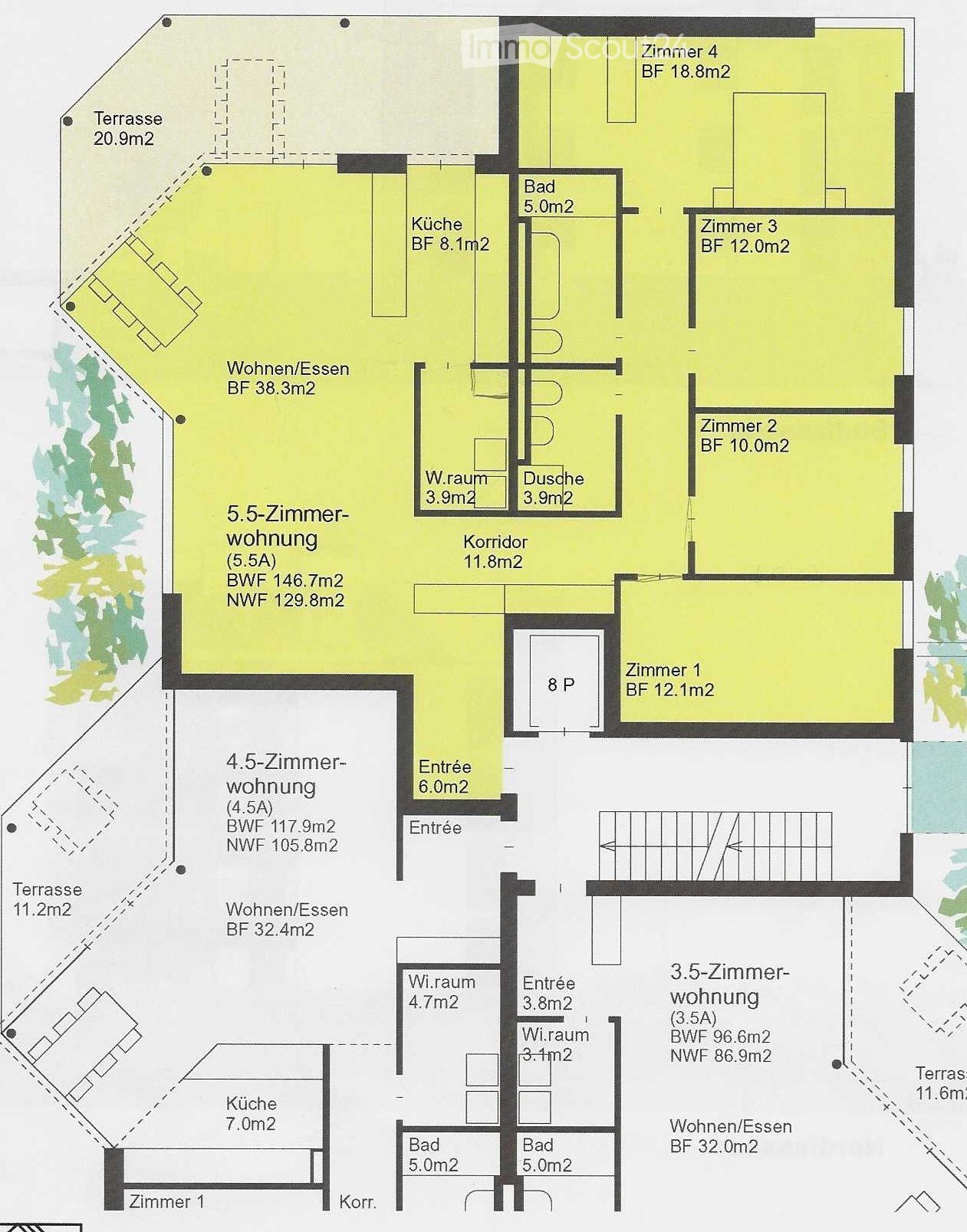 Floor plan with 5.5, 4.5 and 3.5 rooms. All have kitchen, entrance, living room, room, and bathroom with terraces. Two bathrooms have a shower and two have a bathtub.