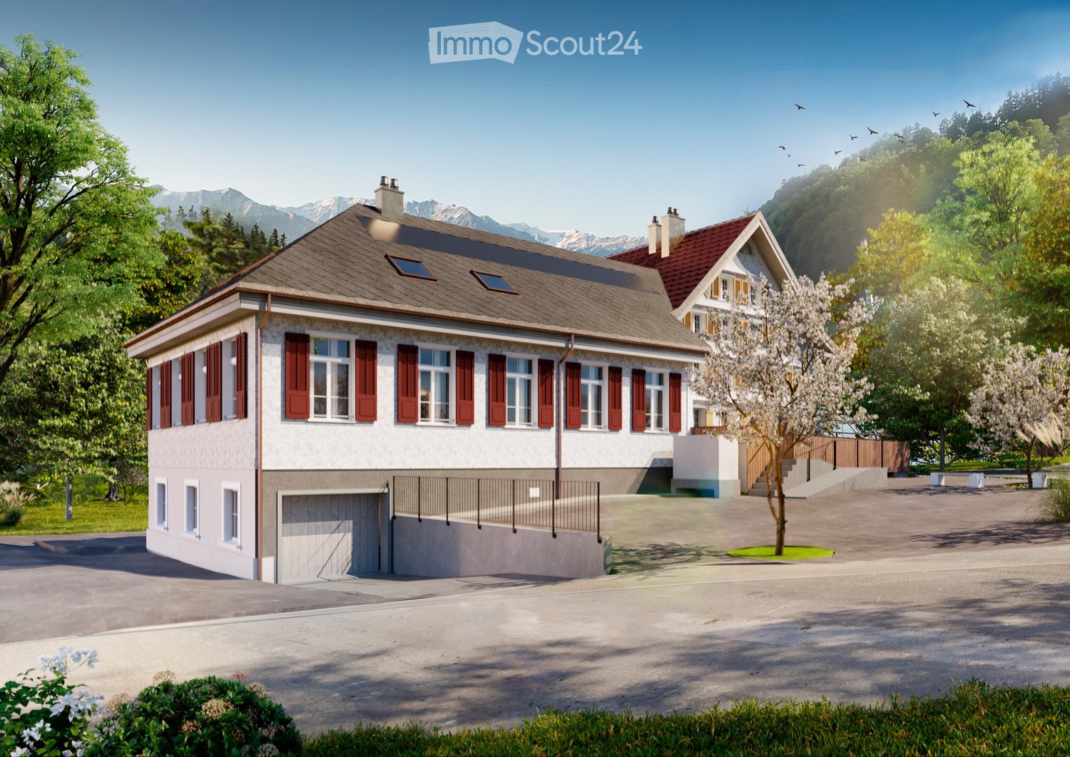 2 story house, white exterior, red roof, red shutters, double garage, concrete ramp