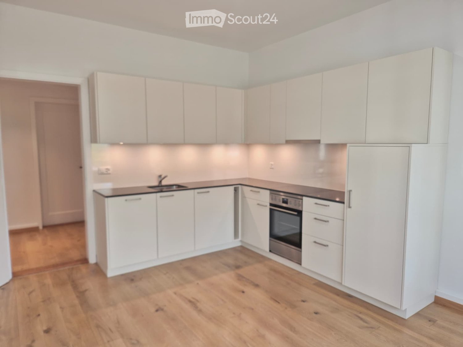 modern, fully equipped kitchen, wooden floor, white cabinets, sink, oven, dishwasher, washing machine