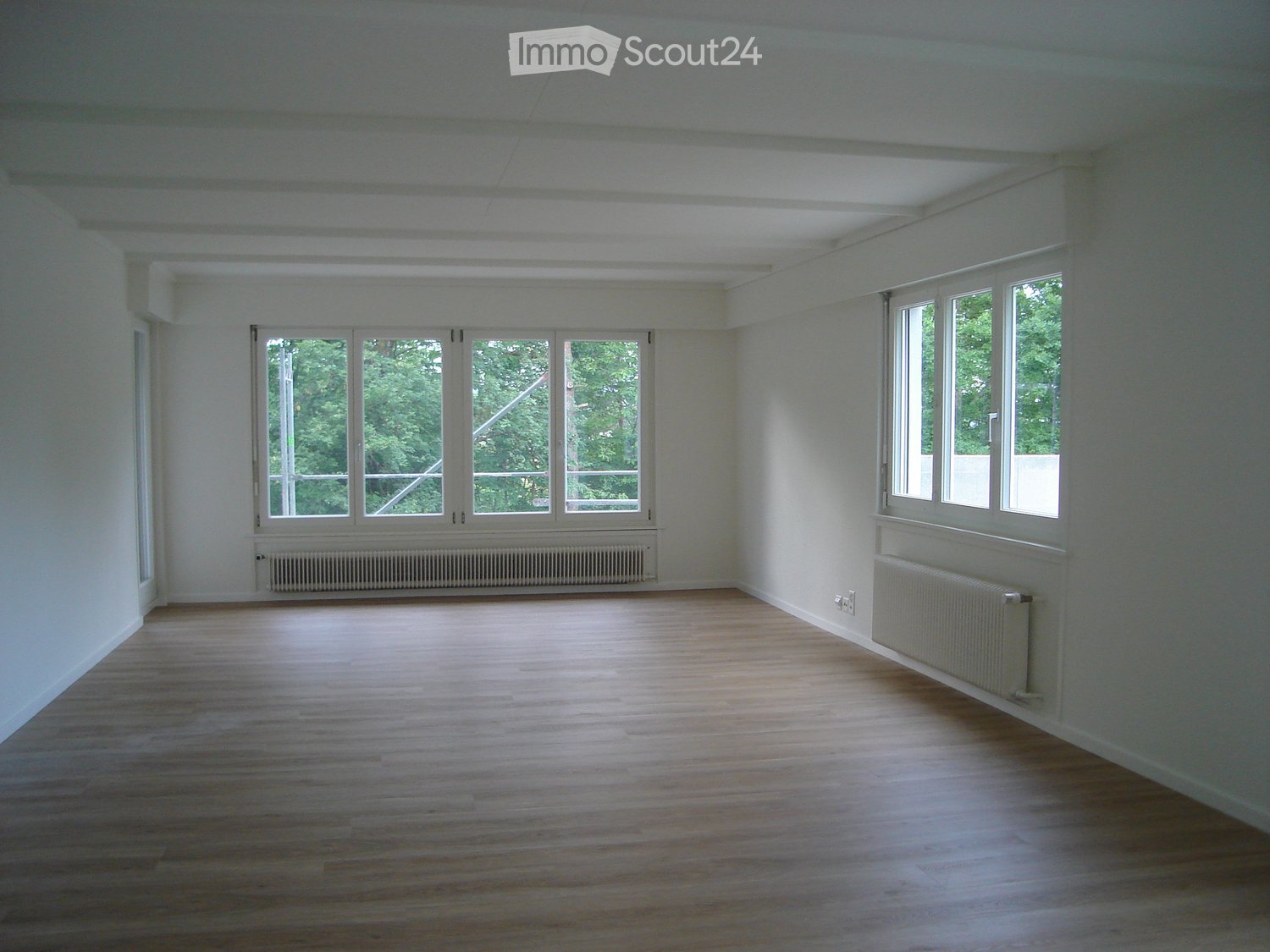 empty room with wooden floor, white walls, large windows, radiators