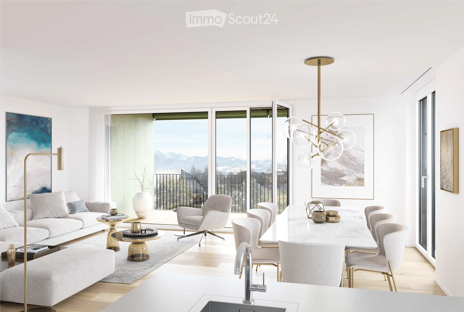 white living room with couches, a coffee table, a dining table, a chandelier, and a balcony