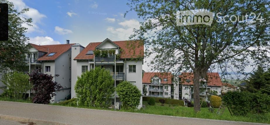 white multistory buildings, red roofs, several balconies, trees and bushes, street in the foreground