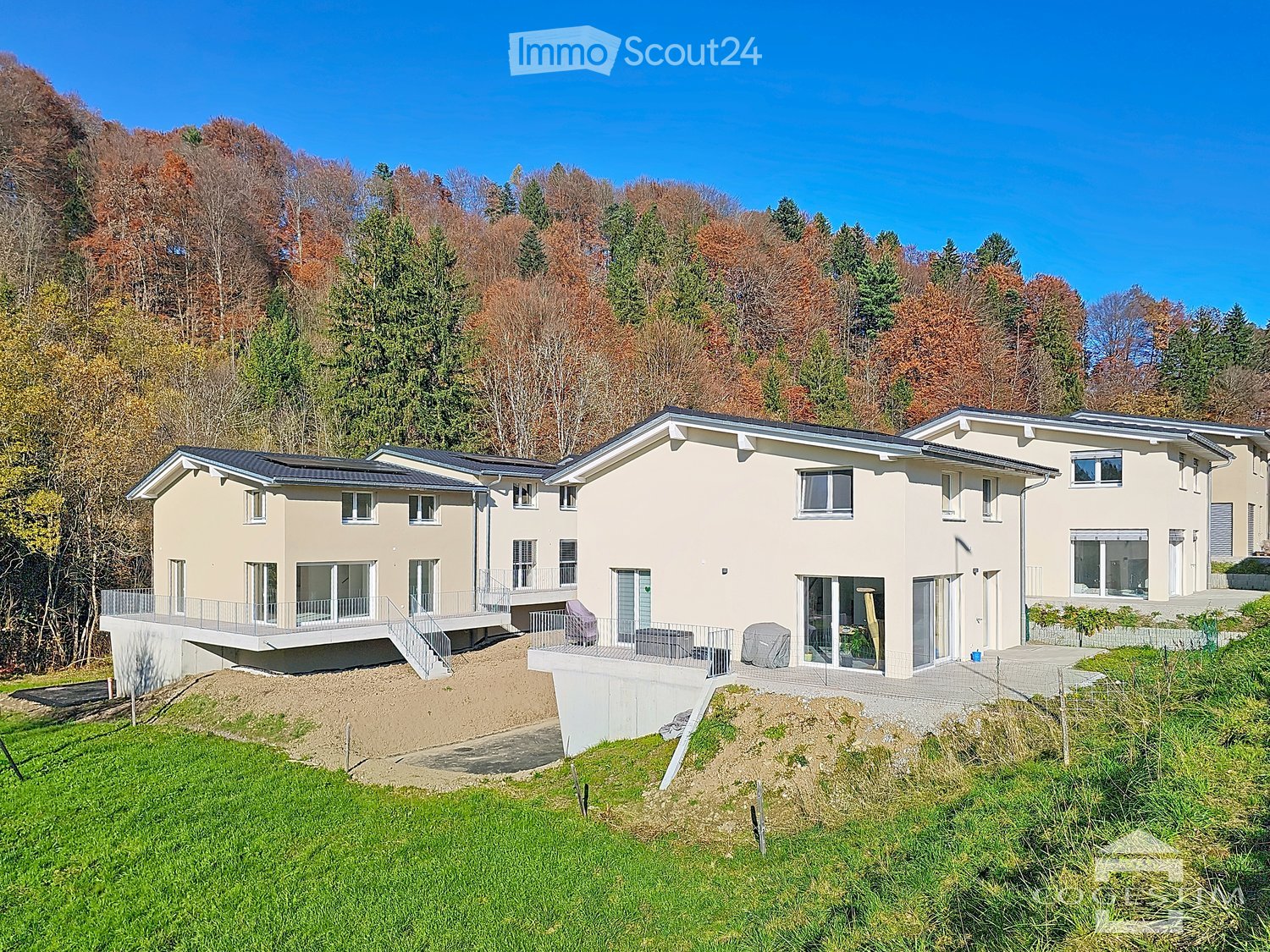 Modern architectural style, white exterior, large windows, raised ground floor, terrace, solar panels on roof