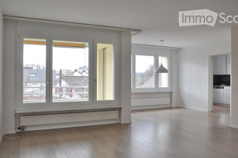 modern, white interior, large windows, wooden floor, modern lamps, city view