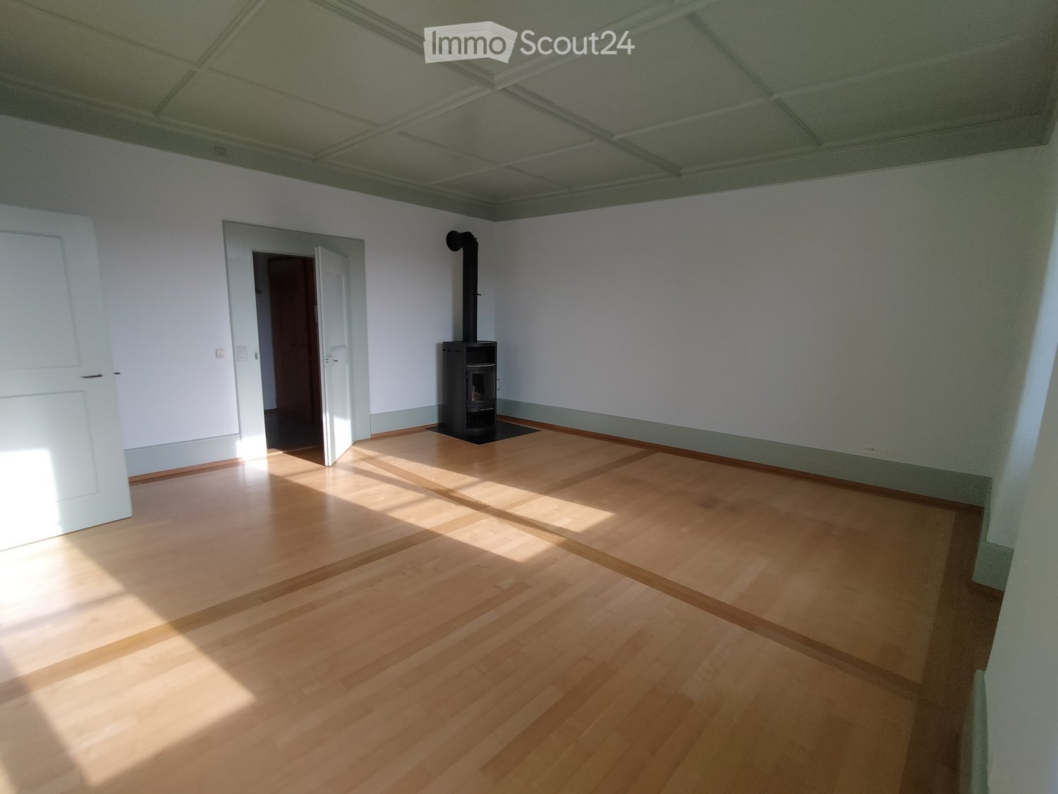 Empty room with hardwood floors, white walls, a black fireplace in the corner, an open door leading to another room, and a ceiling with tiles