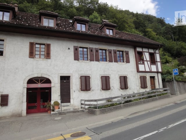 Building in alpine style, large building, several windows, multiple doors