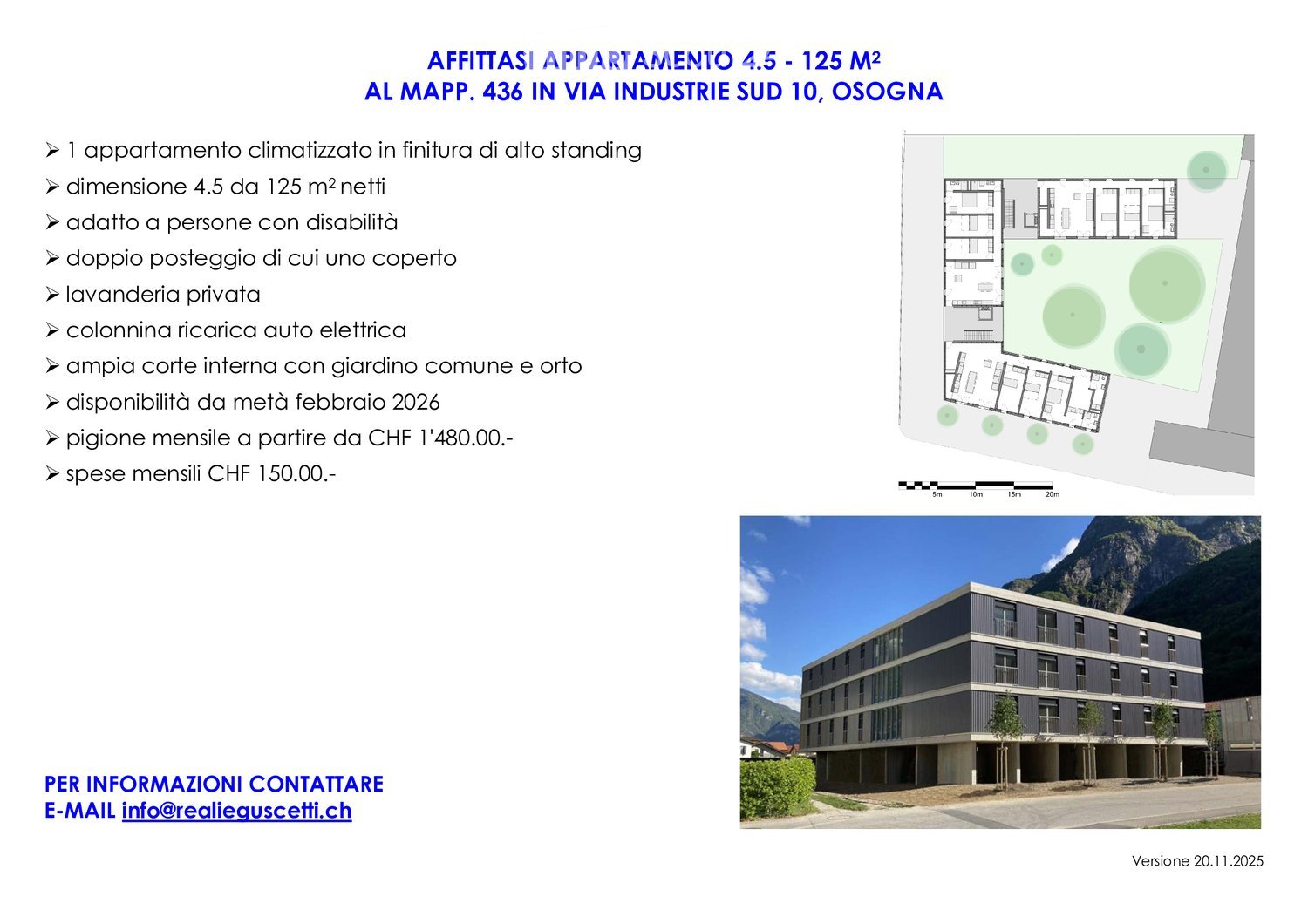 Apartment for rent in Osogna, double parking space, laundry room, private garden, heated.