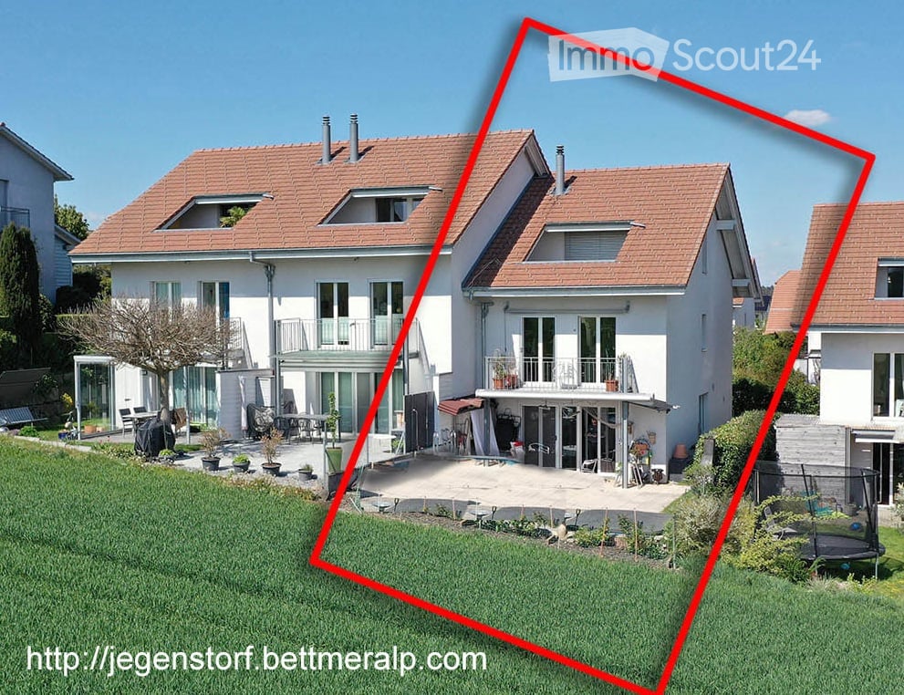 2-story house, brown roof, large terrace, garden, field view