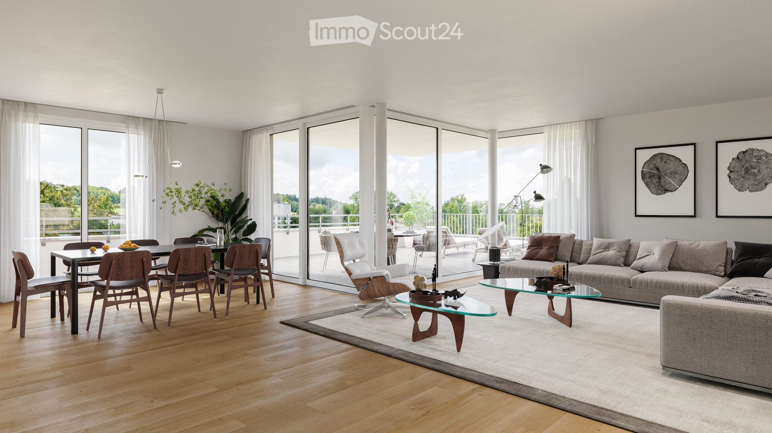 Sliding glass doors to balcony, modern furniture, wooden floor, natural light, artwork