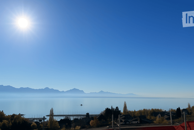 Lake with mountains in the background under a clear blue sky