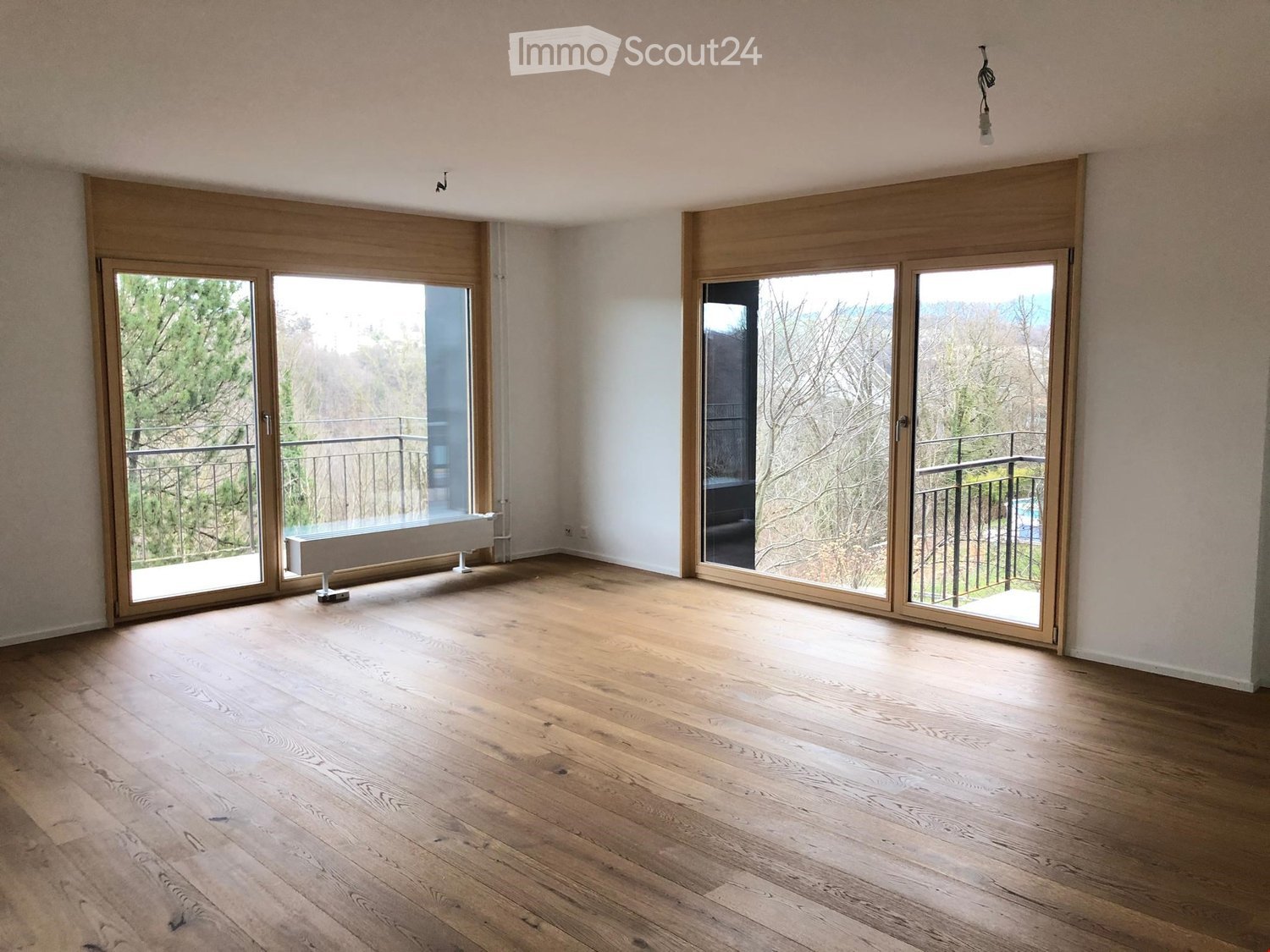 large room, wooden floor, white walls, sliding glass doors, balcony, scenic view