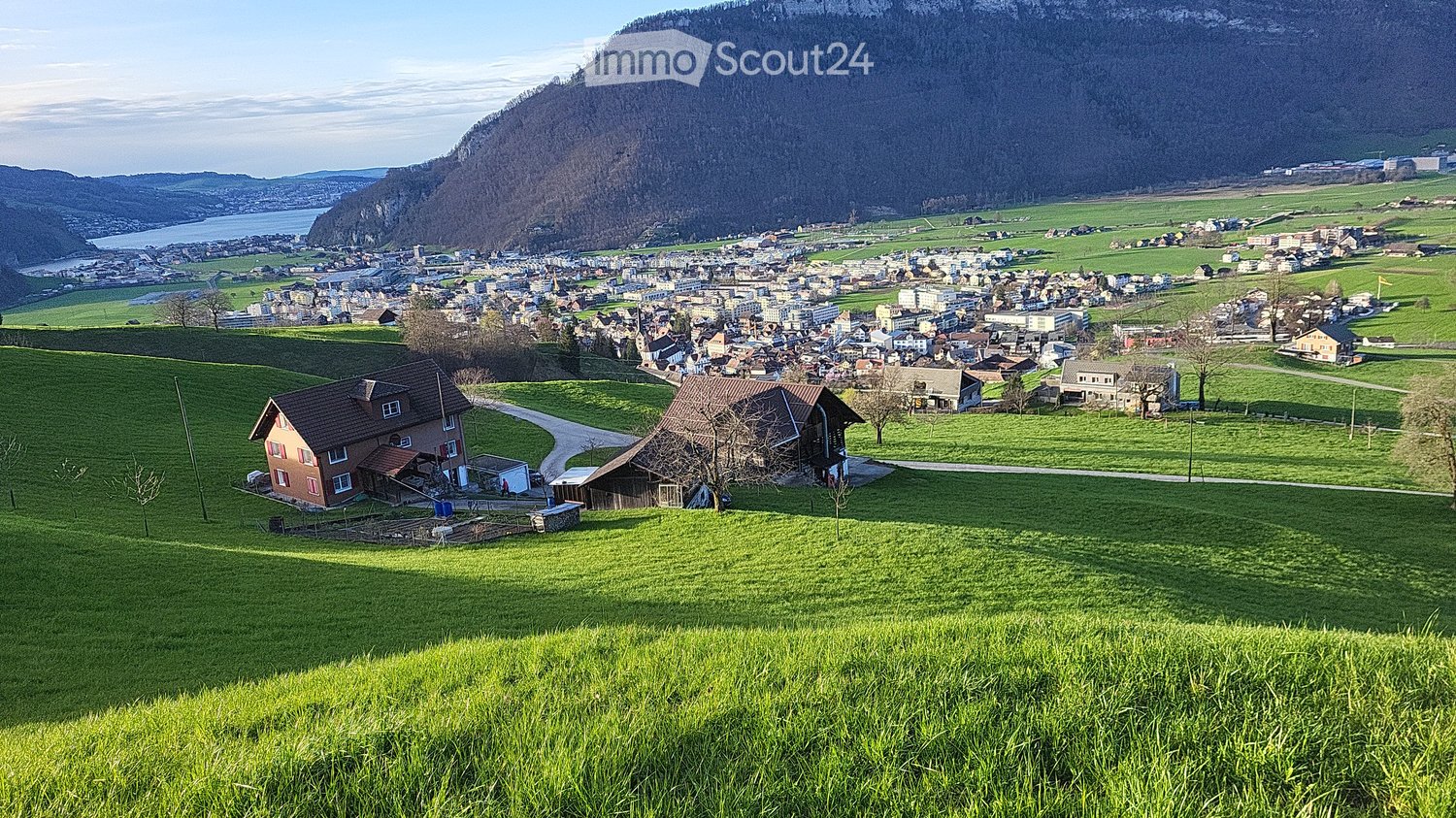 Two traditional chalet-style houses, red-brick walls, dark roofs, surrounded by green fields, distant city with mountains, clear skies