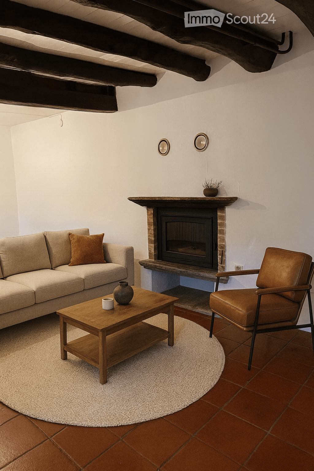 Fireplace, sofa, side table, round rug, armchair