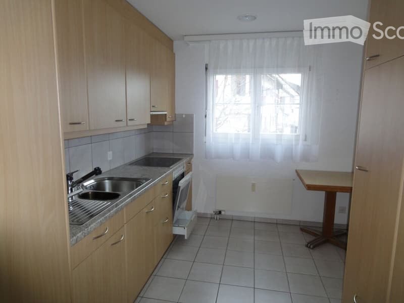 Modern kitchen, wooden cabinets, tile flooring, sink with faucet, built-in dishwasher, oven, window with curtains, countertop