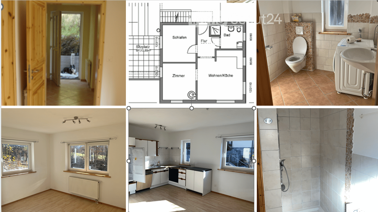 Floor plan showing living room, kitchen, 2 bedrooms, 1 bathroom. Images include empty room, kitchen with appliances, bathroom with toilet and sink.