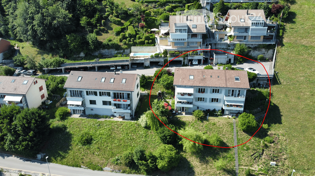Aerial view of three residential houses with a highlighted house, swimming pool, and a red circle around it, surrounded by a grassy field.