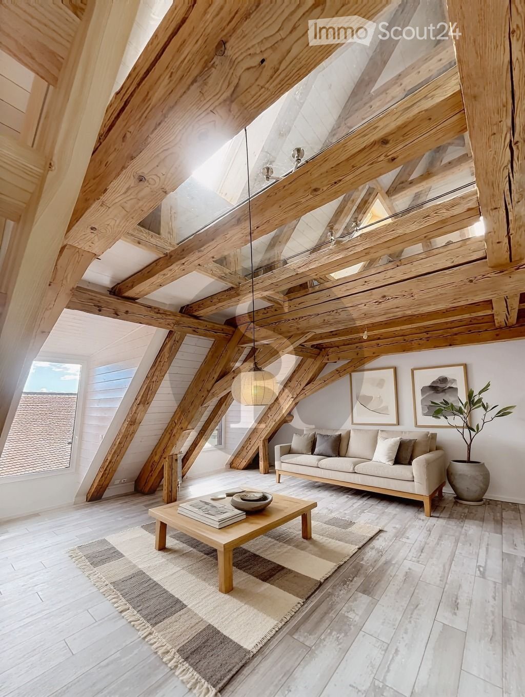 wooden ceiling, exposed beams, skylight, white and grey flooring, beige sofa, rug, center table, potted plant