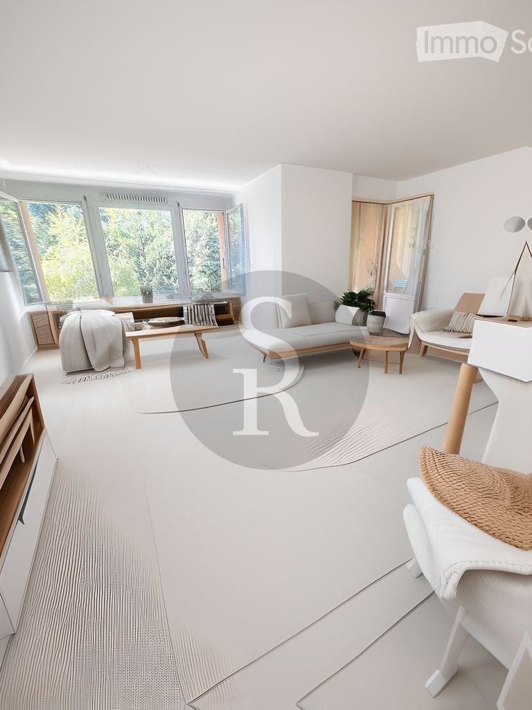 Modern bedroom with white walls, bed, side tables, lamps, rug, chair, window, radiator, white ceiling lamp