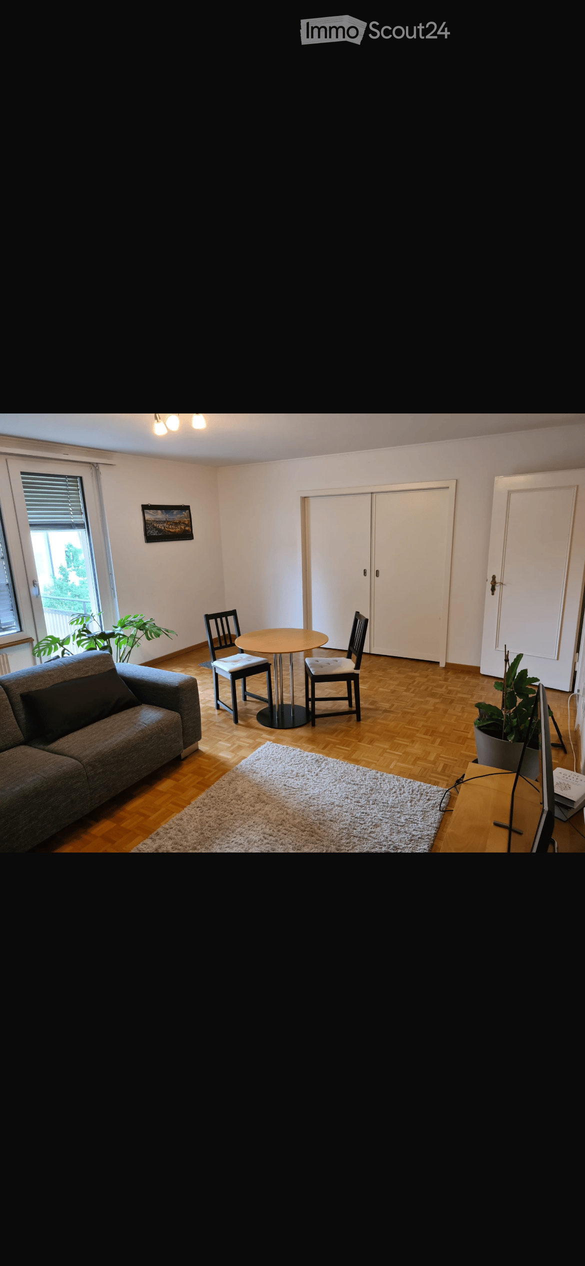 sofa, dining table, carpet, framed picture, double doors, wooden flooring