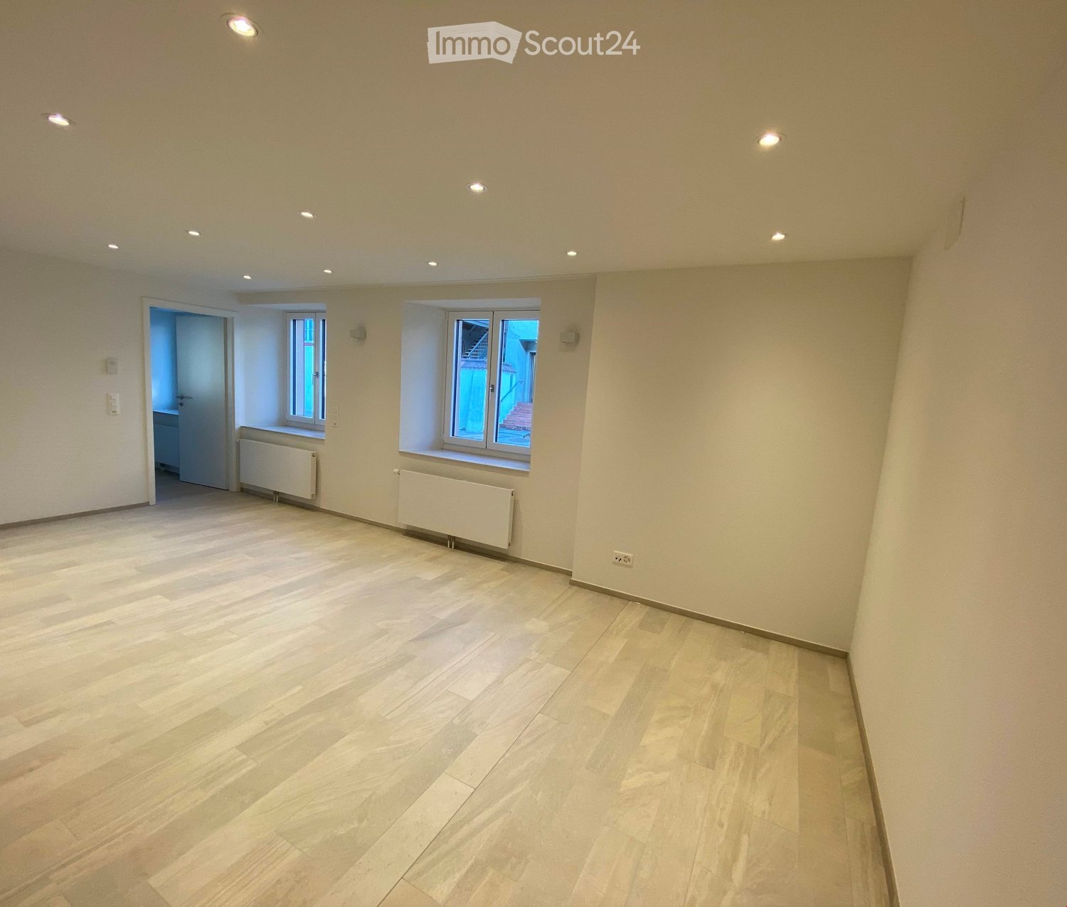 spacious room, wooden floor, recessed ceiling lighting, white walls, two windows, radiators, power outlet