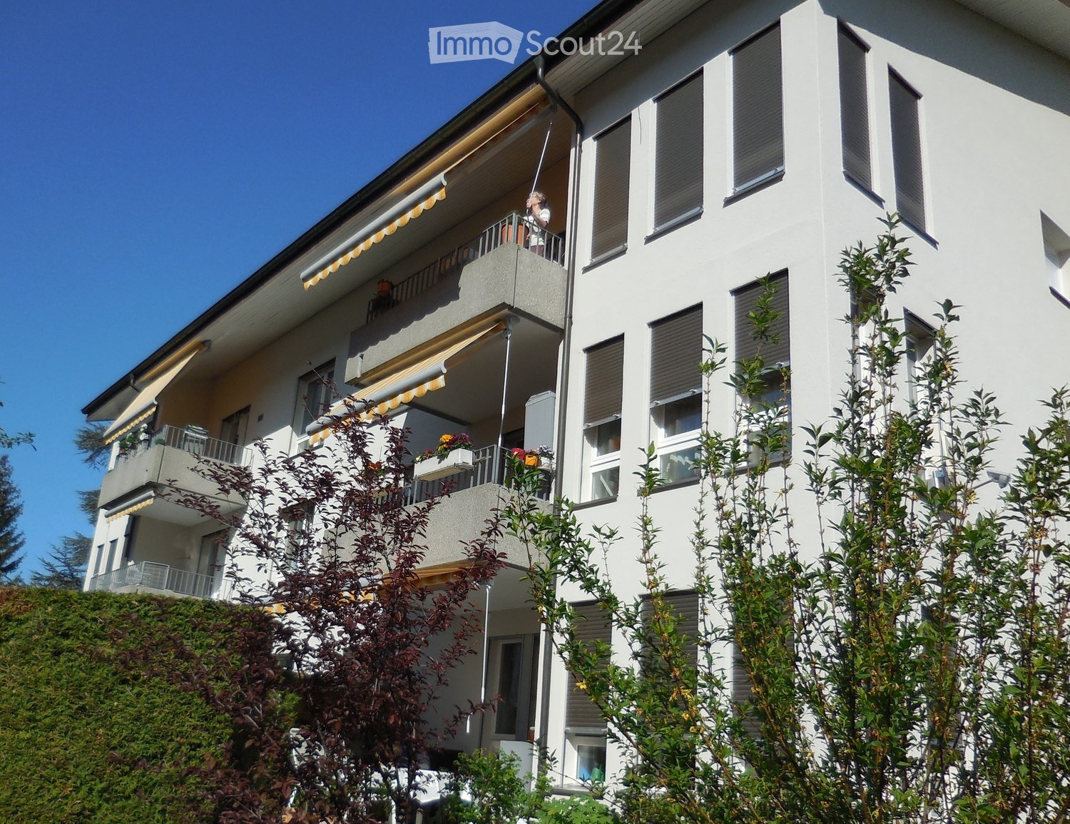 Multi-story building, multiple balconies with awnings, windows with shutters, potted plants