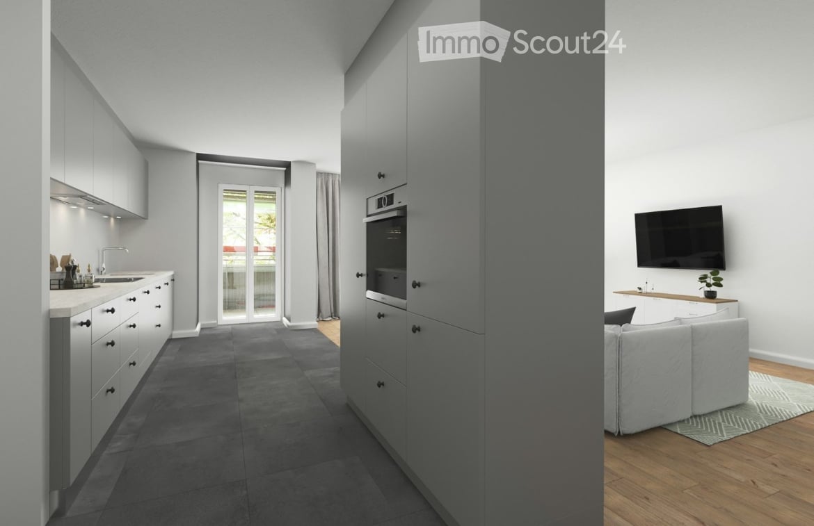 modern kitchen, grey cabinetry, tiled floor, built-in oven, balcony with glass doors