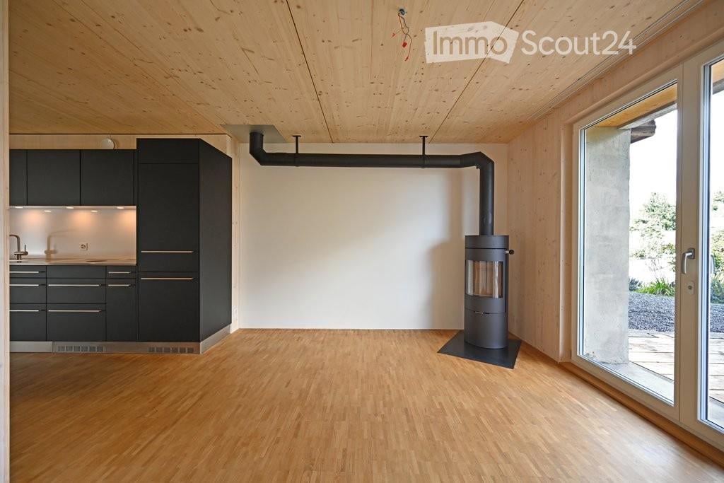 kitchen: black cabinets, wooden floors, open to living space, fireplace, large glass doors