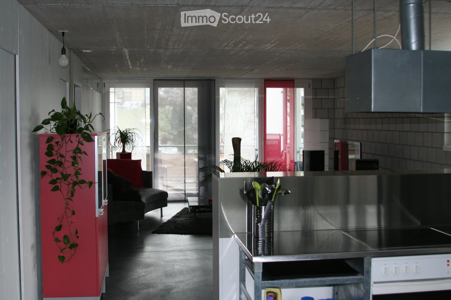 modern kitchen, stainless steel counters, integrated oven and stove, black carpet, couch, potted plants, glass doors leading to balcony