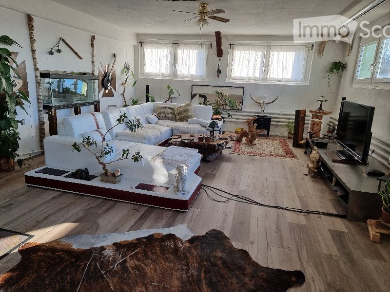 wooden floor, a modern sectional sofa, a white armchair, a table, a flat-screen TV, ceiling fan, aquarium, decorative items