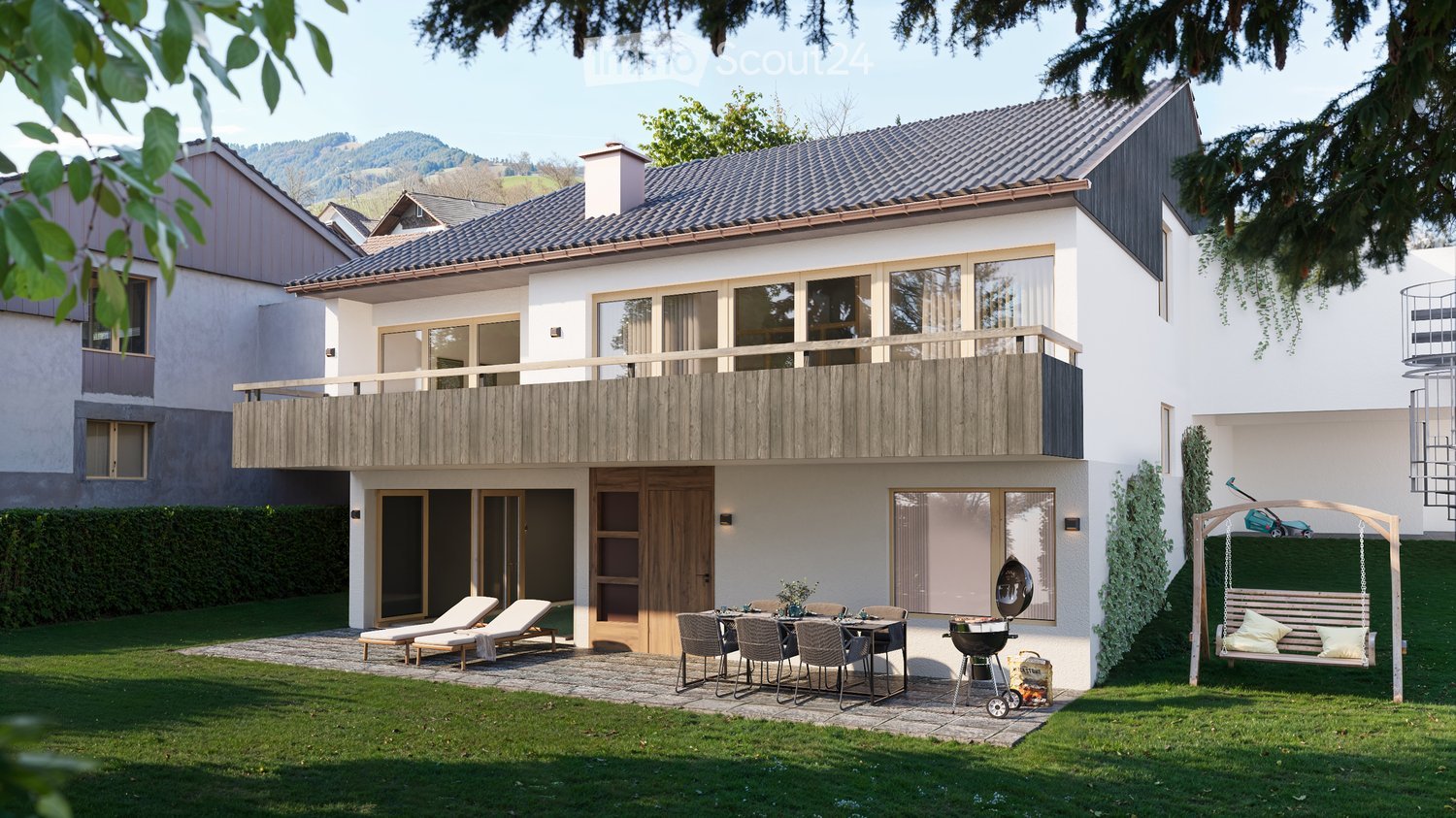 Detached 2-story house, wooden doors, large terrace, dining table with chairs, outdoor grill