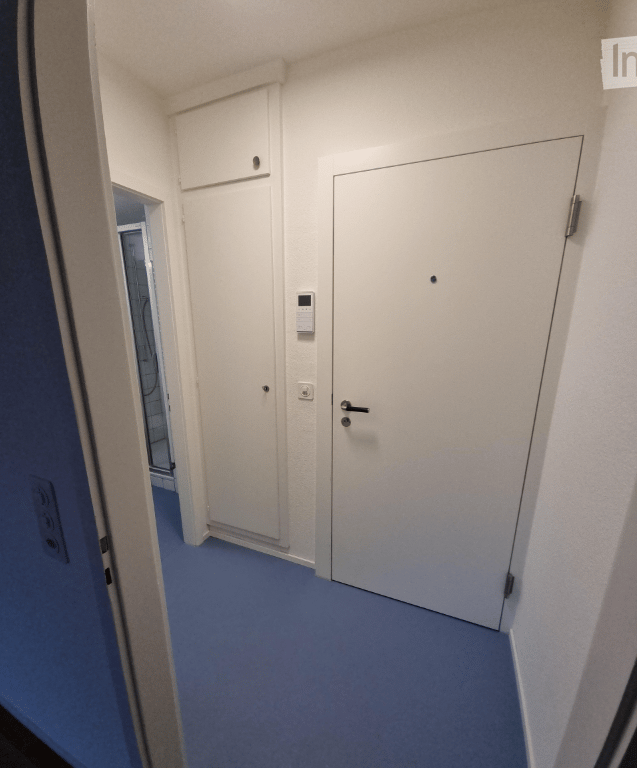 Empty room with white doors, blue floor, power outlet, white walls