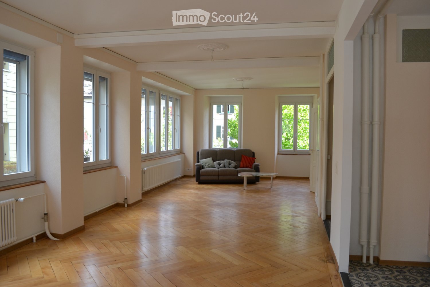 Wide room, wooden floor, white painted walls, large windows, couch with cushions, coffee table, radiators, white pipes