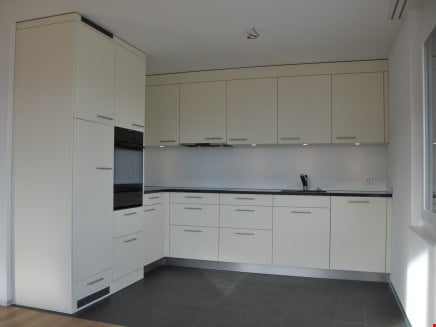 modern kitchen with white cabinets, black countertops, modern oven, sink, dishwasher, washing machine