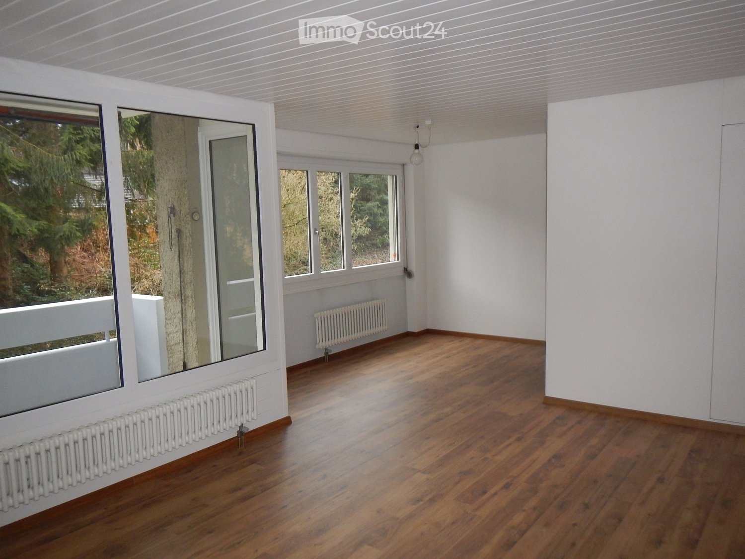 Empty room with wooden floors, white walls, large windows with a balcony, and radiators.