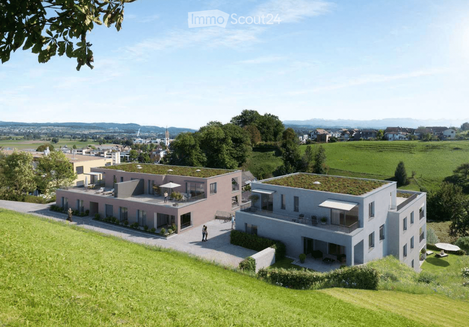 Apartment building, modern architecture, rooftop terraces, green roofs, two buildings, scenic valley view