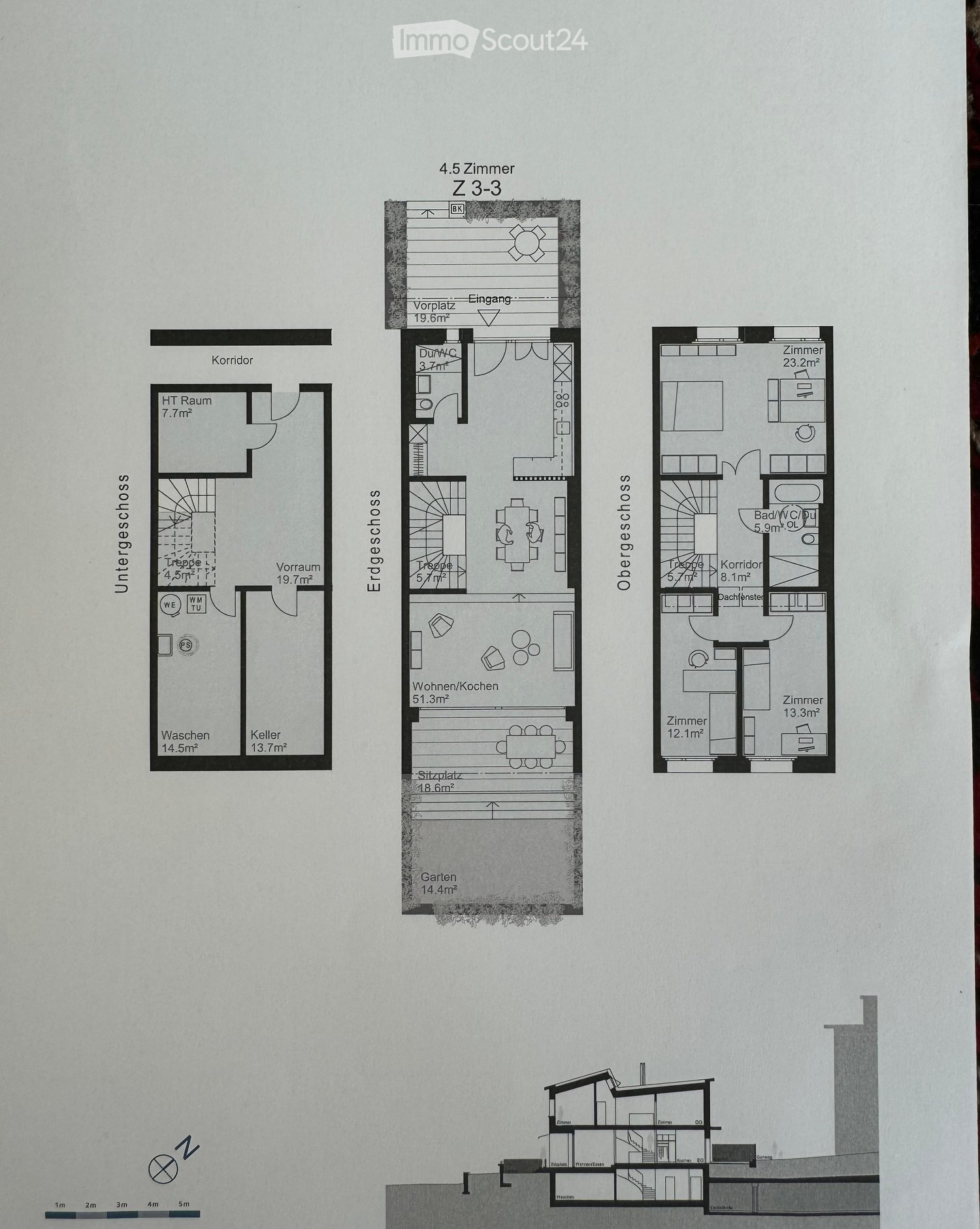 4.5 rooms, 3 floors, raised ground floor, terrace, balcony, kitchen, living room, bedrooms, bathroom, WC, garden