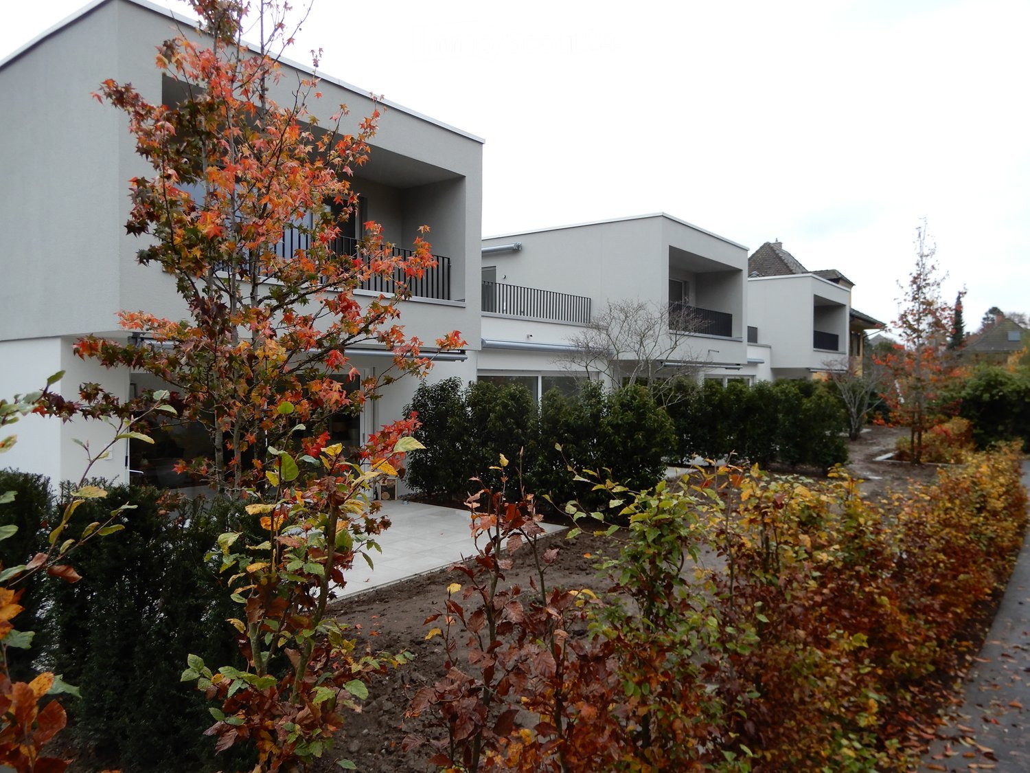 modern white residential building, balconies on each floor, surrounded by bushes and plants