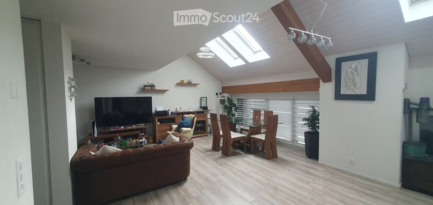 Living room with wooden flooring, large sofa, dining table, skylights, TV, shelf with plants and decor