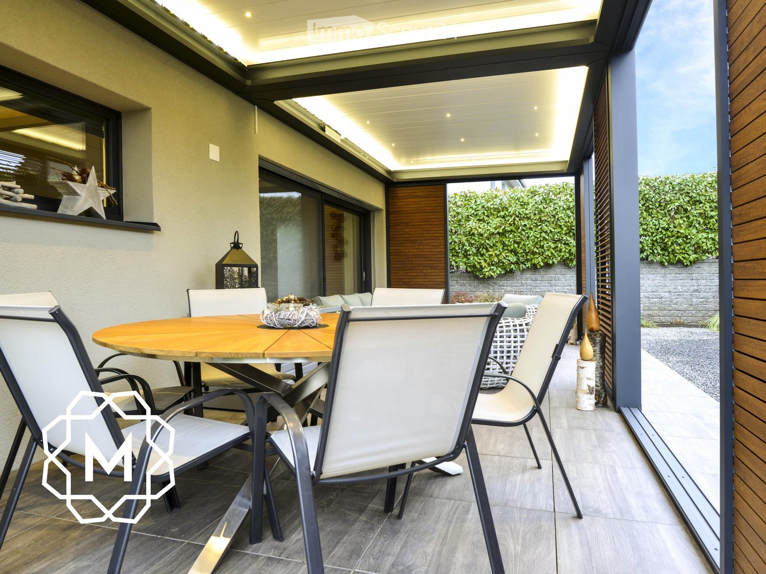 dining table, chairs, wooden flooring, glass walls, canopy ceiling