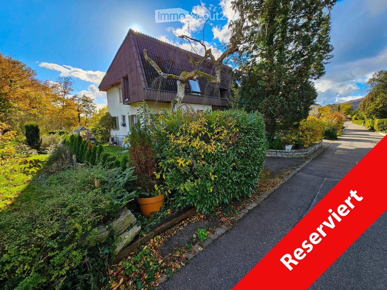 modern house, brown roof, windows, garage, garden, paved driveway