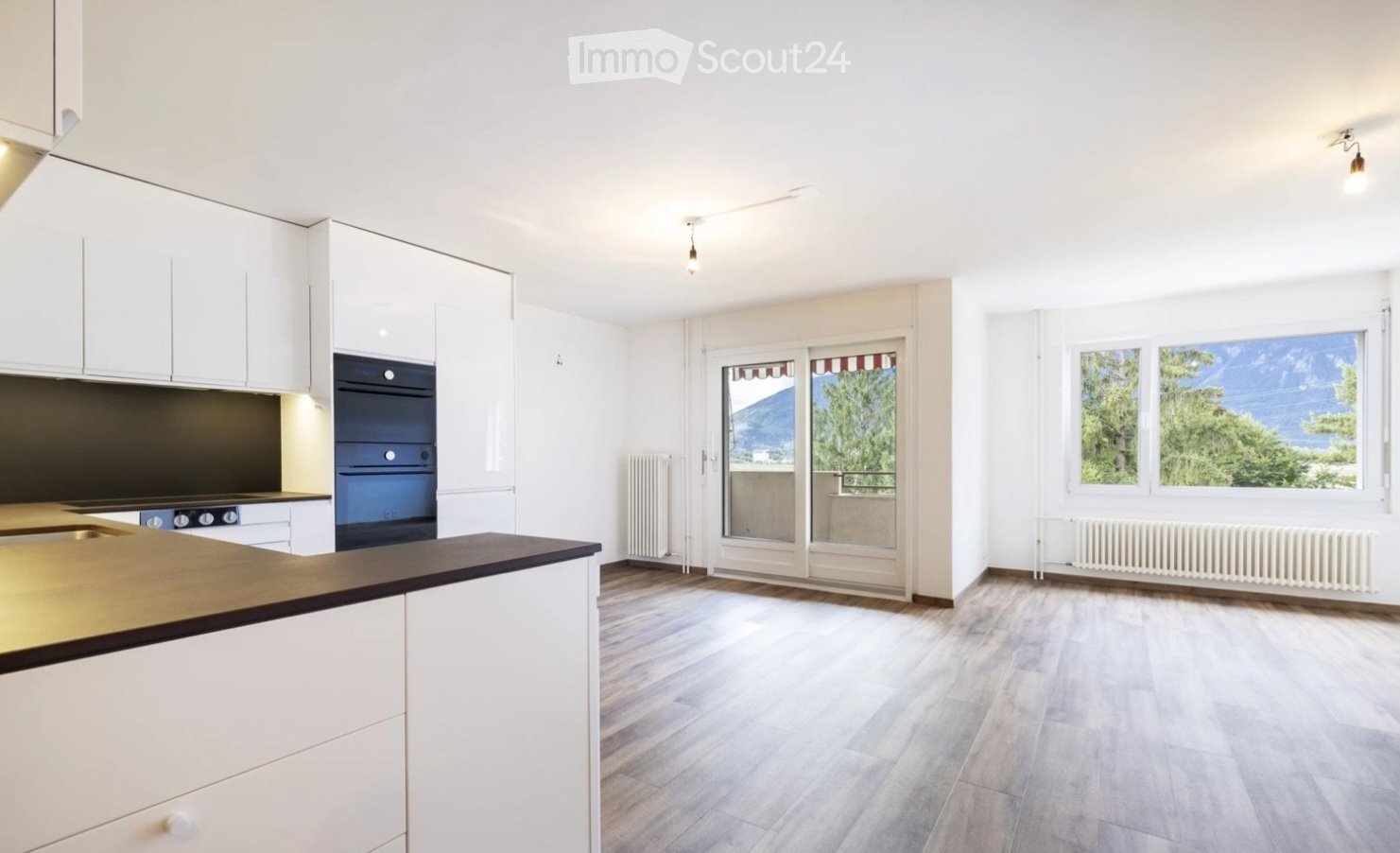 modern kitchen, white cabinets, wooden floors, windows with view