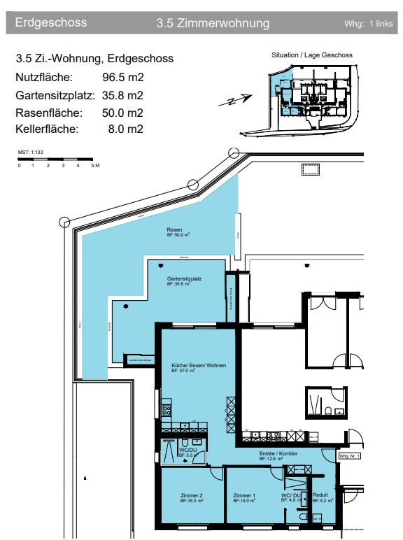Ground floor plan with 3.5 room apartment, kitchen, two bedrooms, hallway, bathroom, toilet, dressing room, garden, entrance/corridor